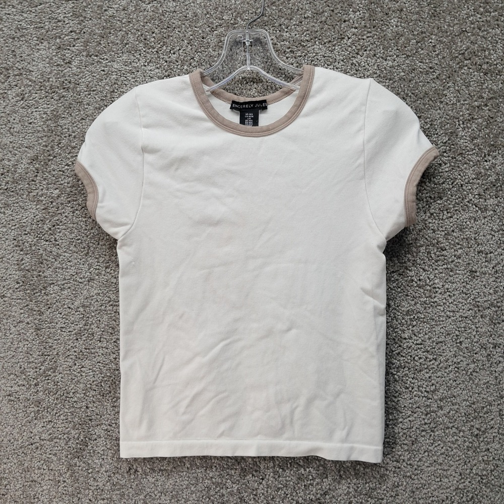 Sincerely Jules Womens White Tan Ringer T-Shirt Short Sleeve Crew Neck M/L
